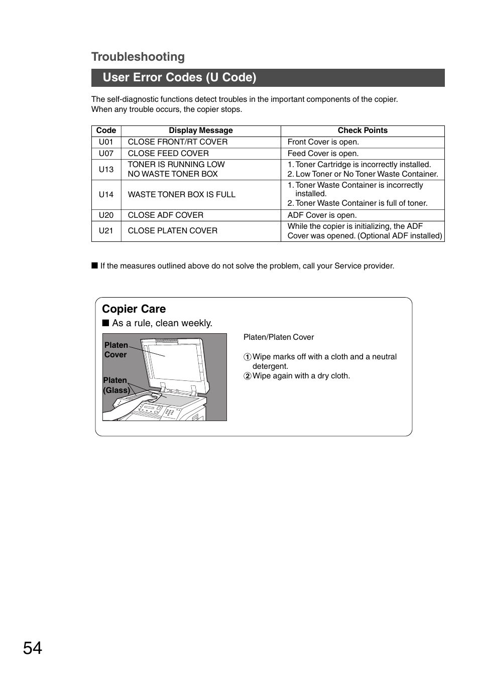 User error codes (u code) troubleshooting, Copier care | Panasonic DP-1510P User Manual | Page 54 / 60