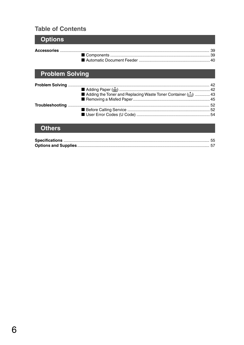 Table of contents options, Problem solving, Others | Panasonic DP-1510P User Manual | Page 6 / 60