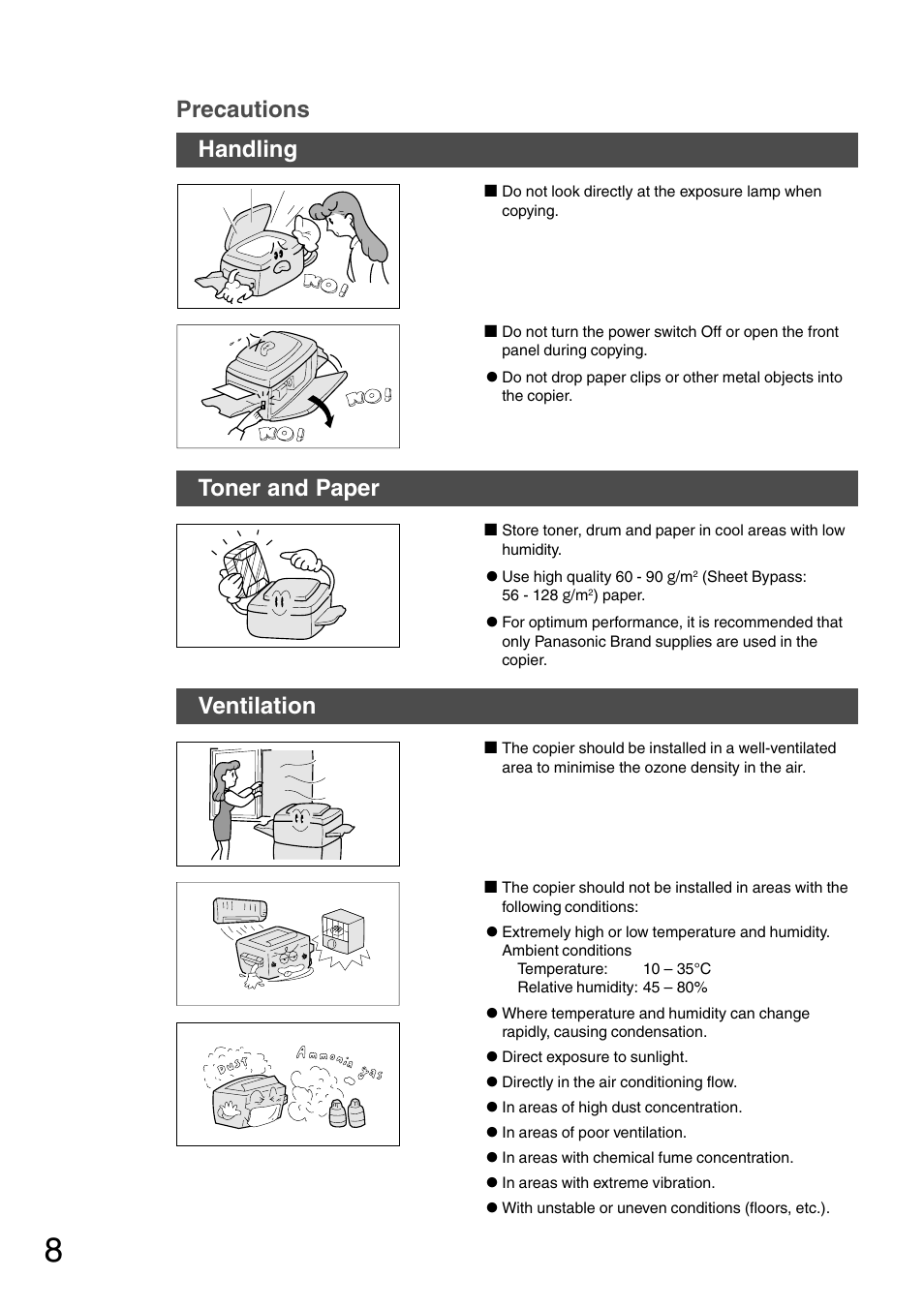 Precautions handling, Toner and paper, Ventilation | Panasonic DP-1510P User Manual | Page 8 / 60