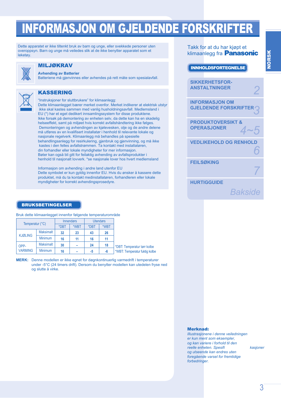 Brukermanual e9gfe side3, Informasjon om gjeldende forskrifter, Bakside | Panasonic CU-E12GKE User Manual | Page 3 / 8