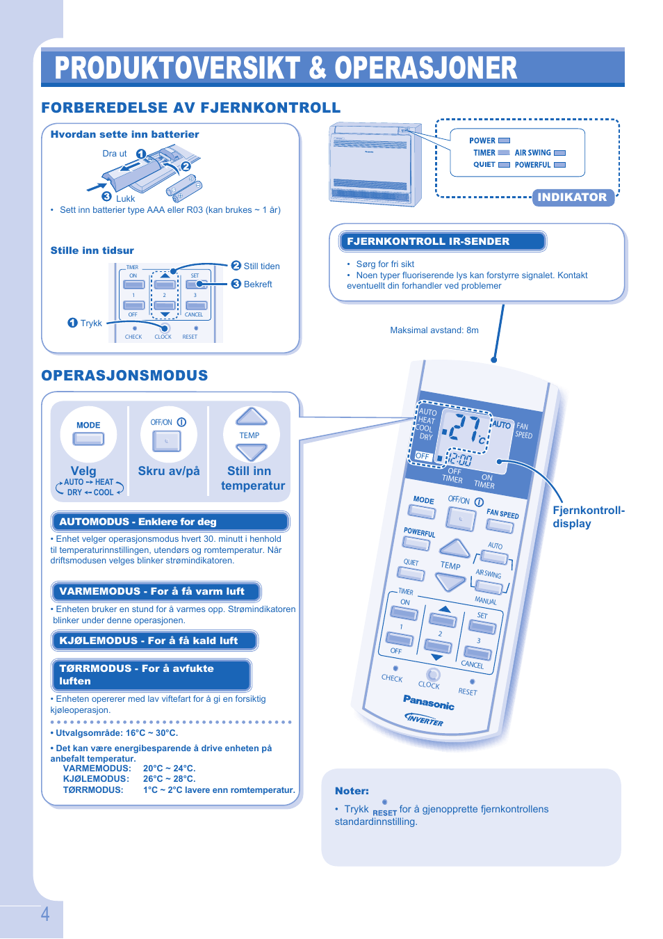 Brukermanual e9gfe side4, Produktoversikt & operasjoner, Forberedelse av fjernkontroll operasjonsmodus | Velg skru av/på still inn temperatur, Indikator, Fjernkontroll- display | Panasonic CU-E12GKE User Manual | Page 4 / 8