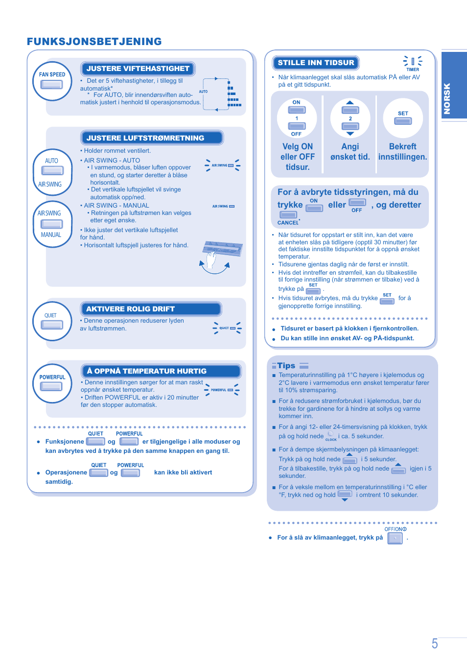 Brukermanual e9gfe side5, Funksjonsbetjening | Panasonic CU-E12GKE User Manual | Page 5 / 8