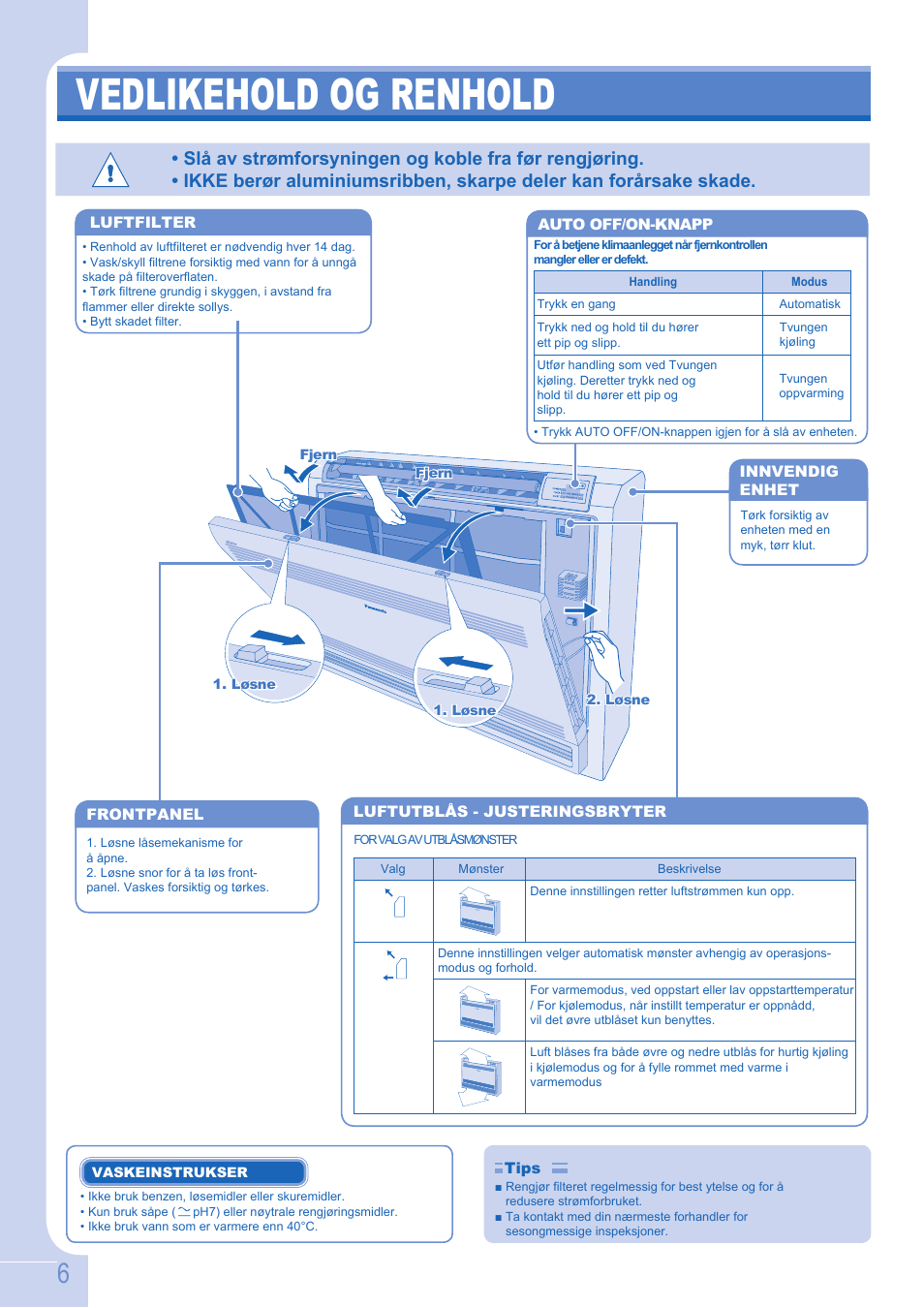 Brukermanual e9gfe side6, Vedlikehold og renhold | Panasonic CU-E12GKE User Manual | Page 6 / 8