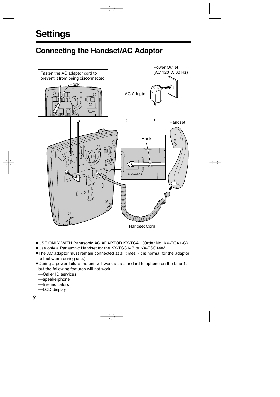 Settings, Connecting the handset/ac adaptor | Panasonic X-TSC14B User Manual | Page 8 / 52