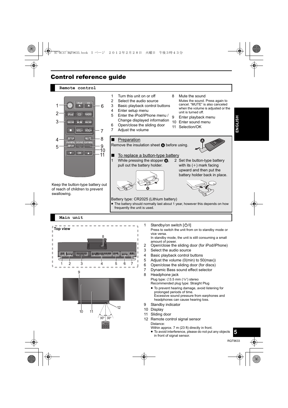 Control reference guide | Panasonic RQT9633-4P User Manual | Page 5 / 20