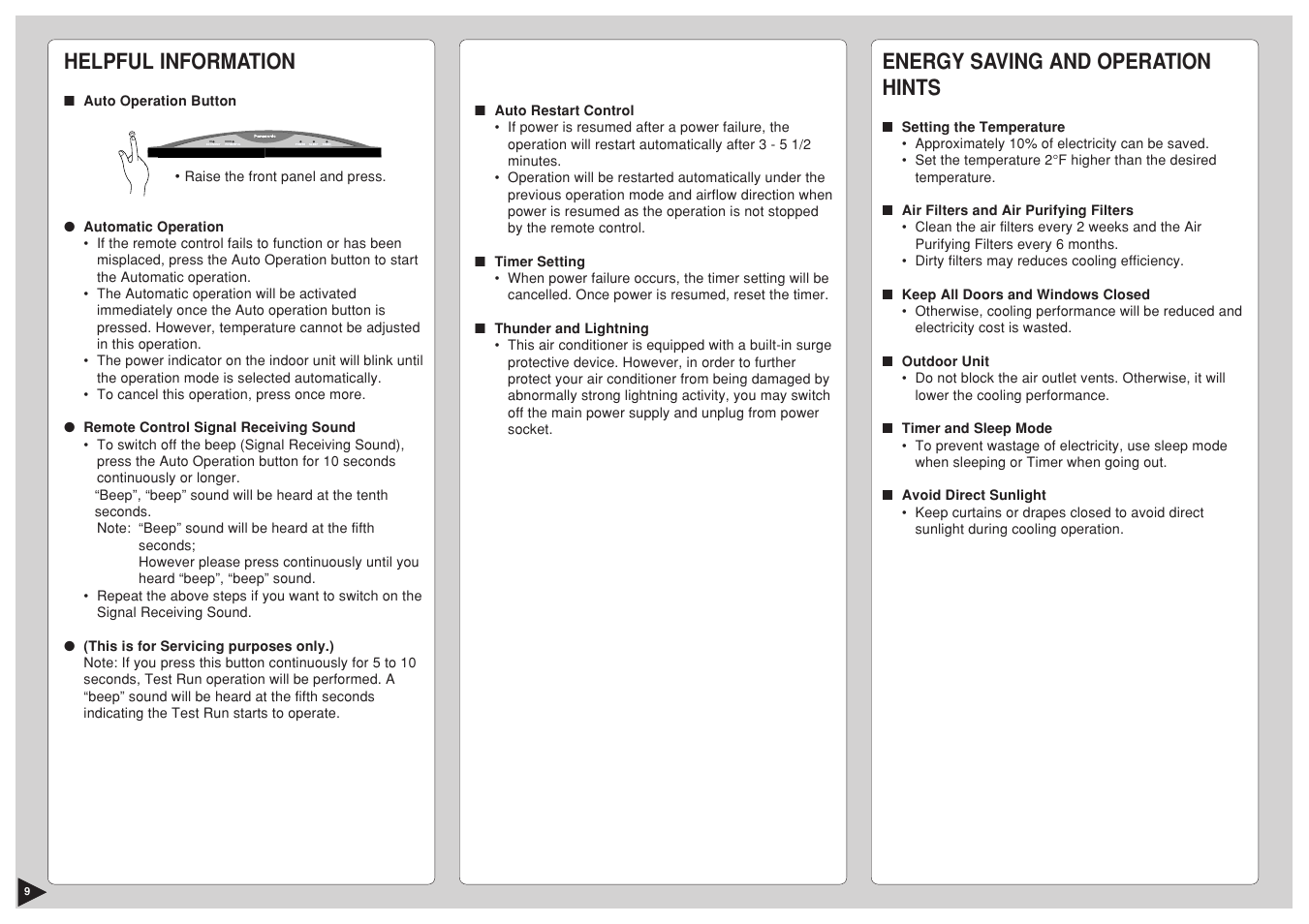Helpful information, Energy saving and operation hints | Panasonic CS-C12BKP User Manual | Page 10 / 24