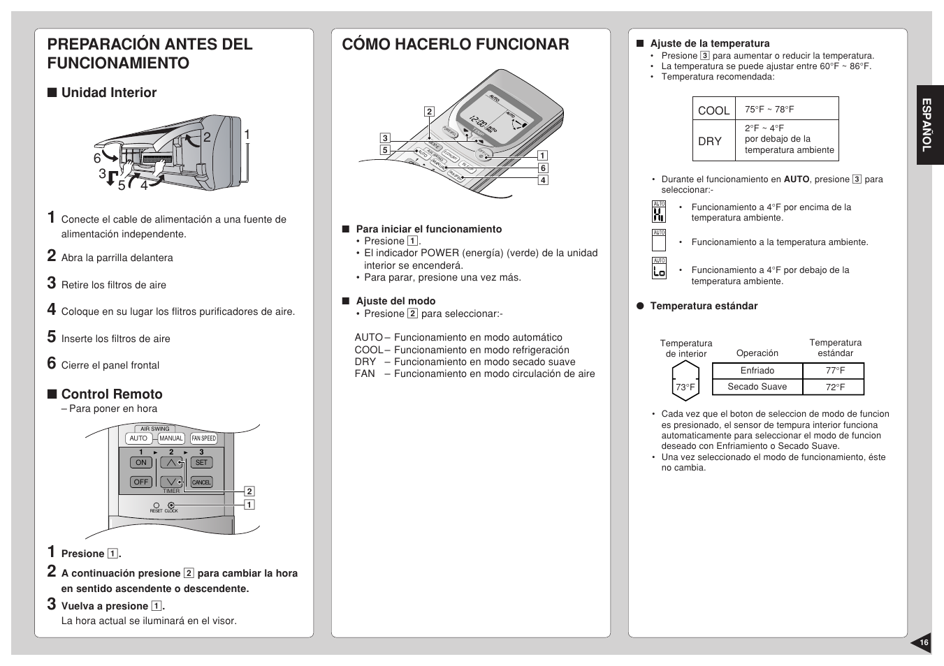 Preparación antes del funcionamiento, Cómo hacerlo funcionar, Unidad interior | Control remoto | Panasonic CS-C12BKP User Manual | Page 17 / 24