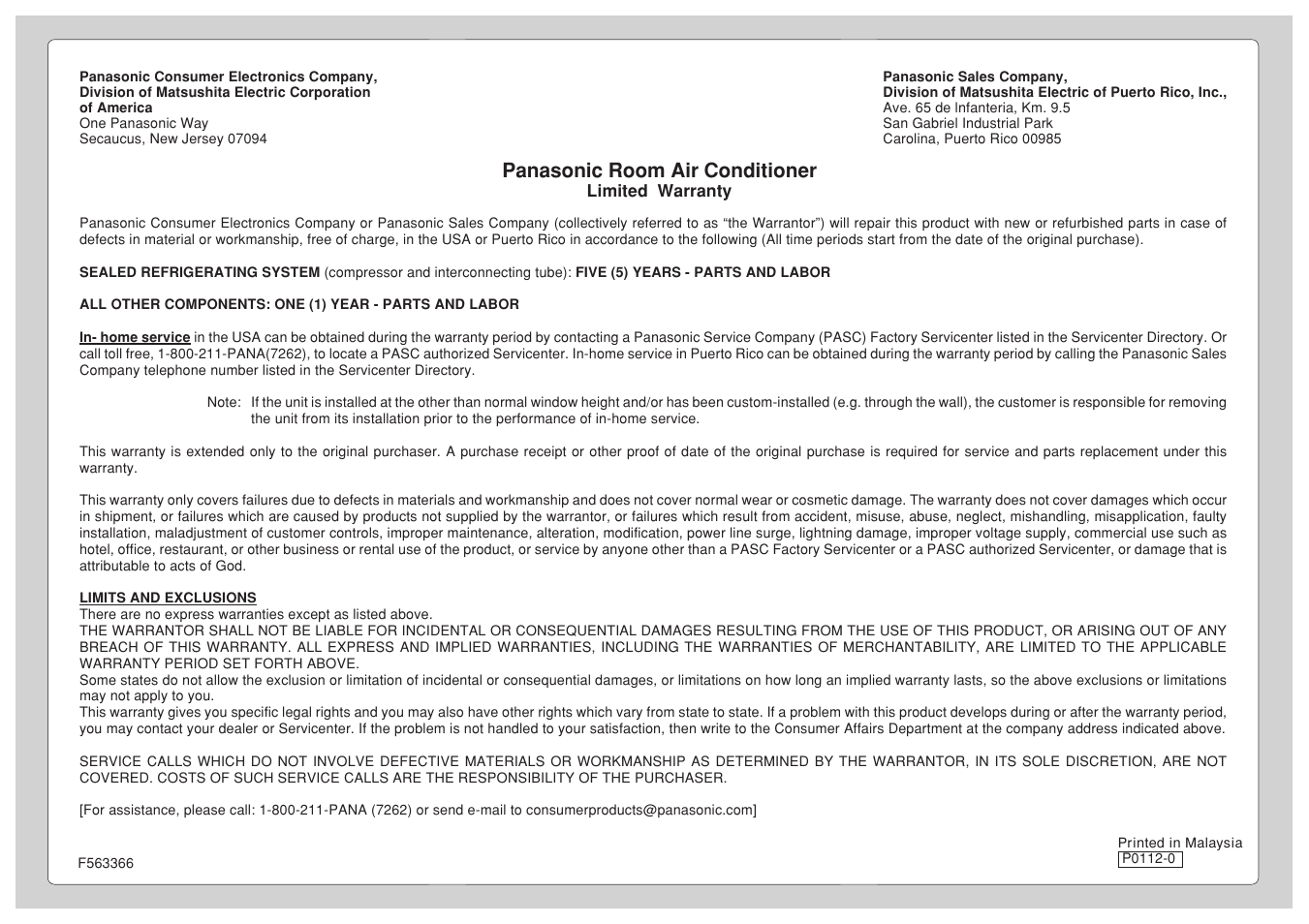 Panasonic room air conditioner | Panasonic CS-C12BKP User Manual | Page 24 / 24