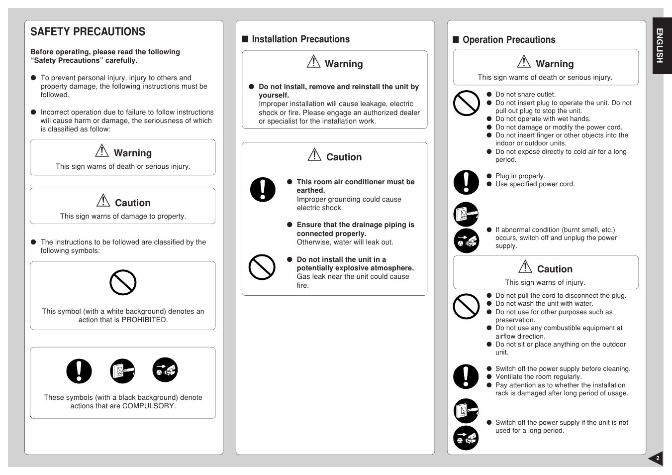 Safety precautions, Installation precautions, Operation precautions | Panasonic CS-C12BKP User Manual | Page 3 / 24