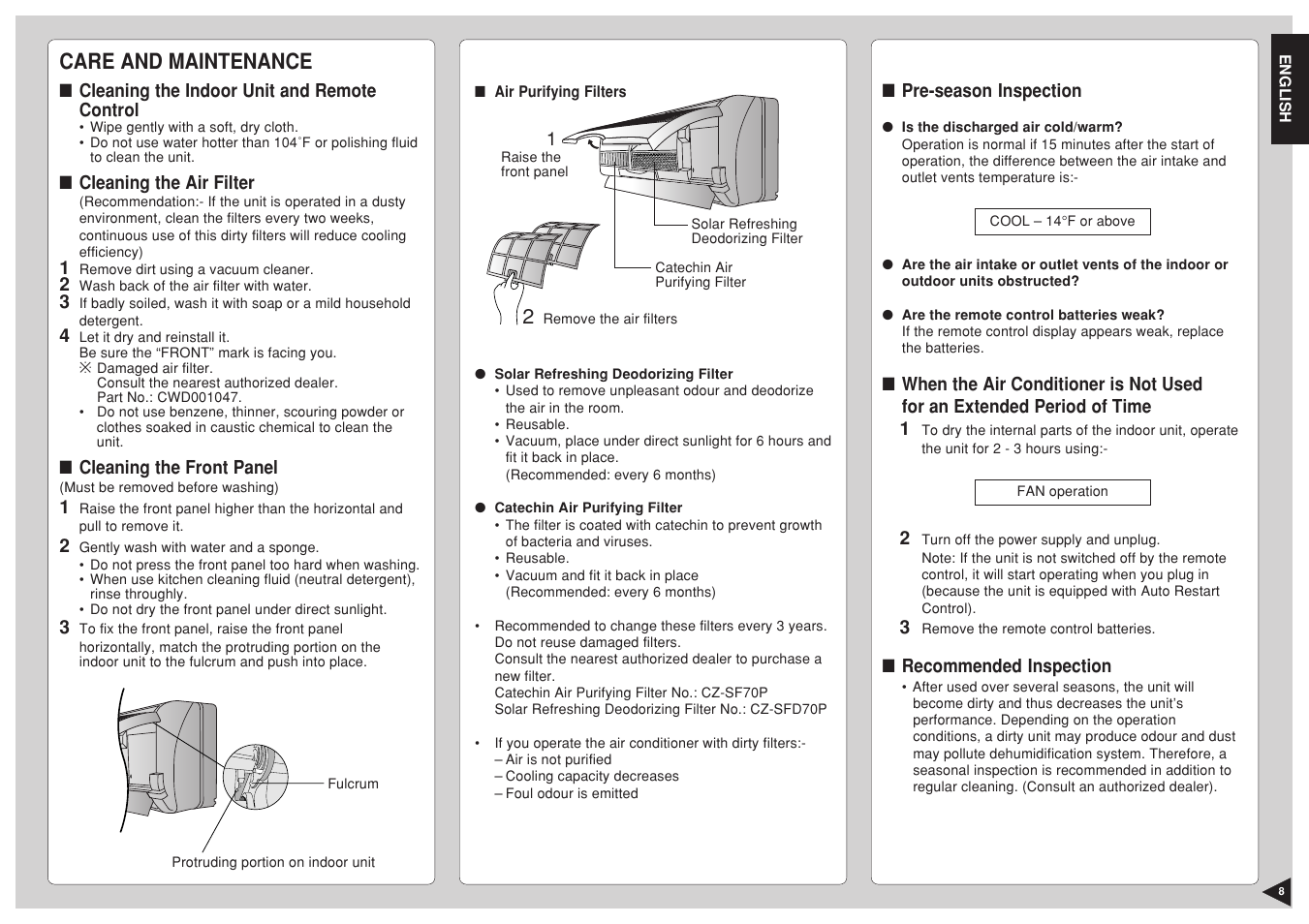 Care and maintenance, Cleaning the indoor unit and remote control, Cleaning the air filter | Cleaning the front panel, Air purifying filters, Pre-season inspection, Recommended inspection | Panasonic CS-C12BKP User Manual | Page 9 / 24