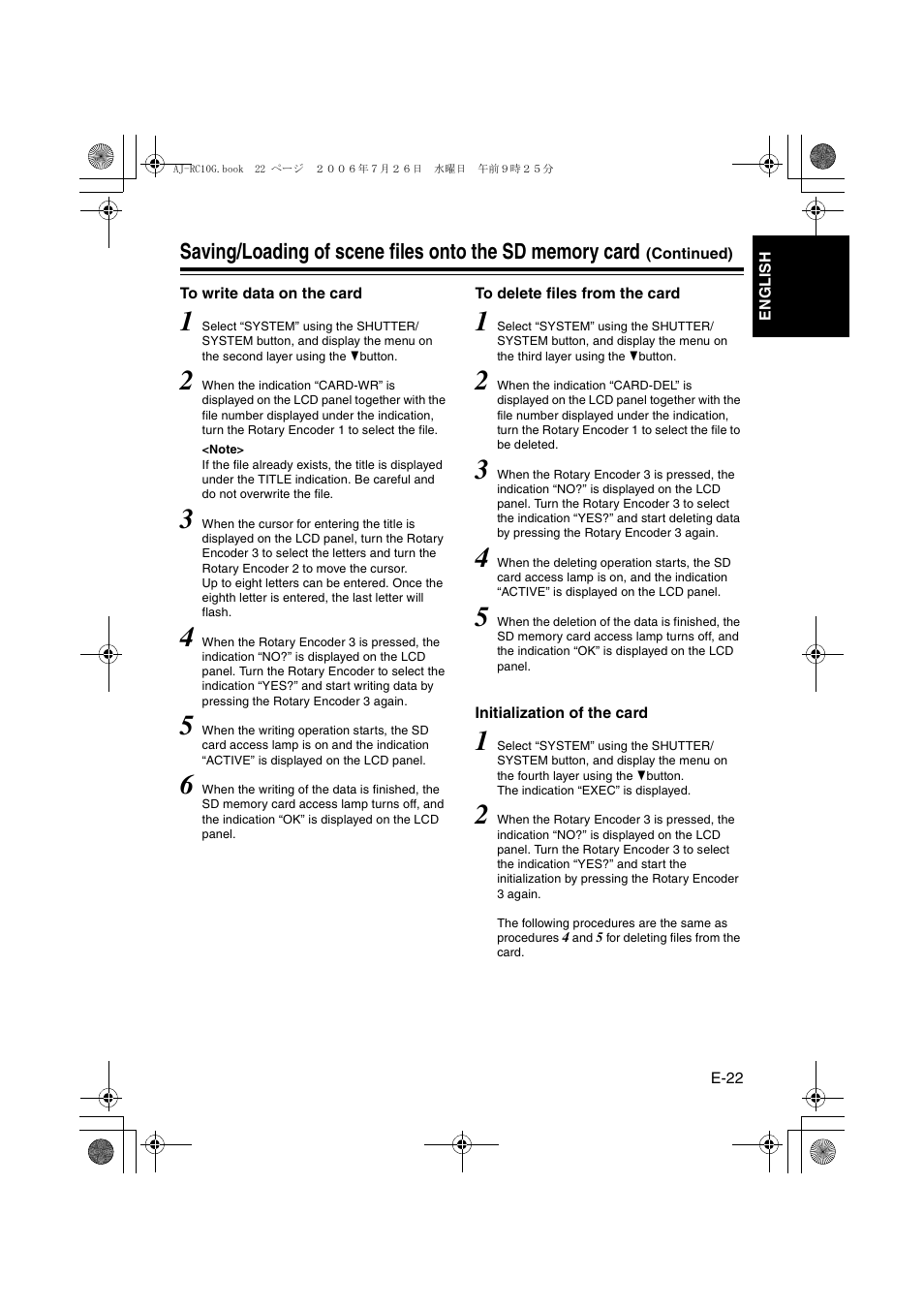 To write data on the card, To delete files from the card, Initialization of the card | Panasonic AJ- G User Manual | Page 23 / 36