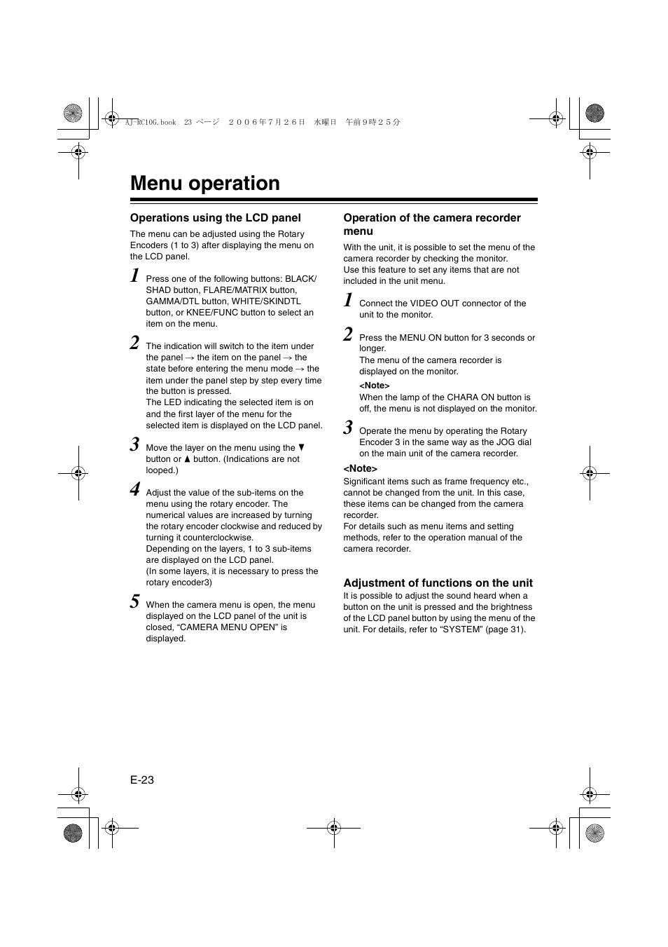 Menu operation, Operations using the lcd panel, Operation of the camera recorder menu | Adjustment of functions on the unit, Operation of the camera recorder, Menu, Adjustment of functions, On the unit | Panasonic AJ- G User Manual | Page 24 / 36