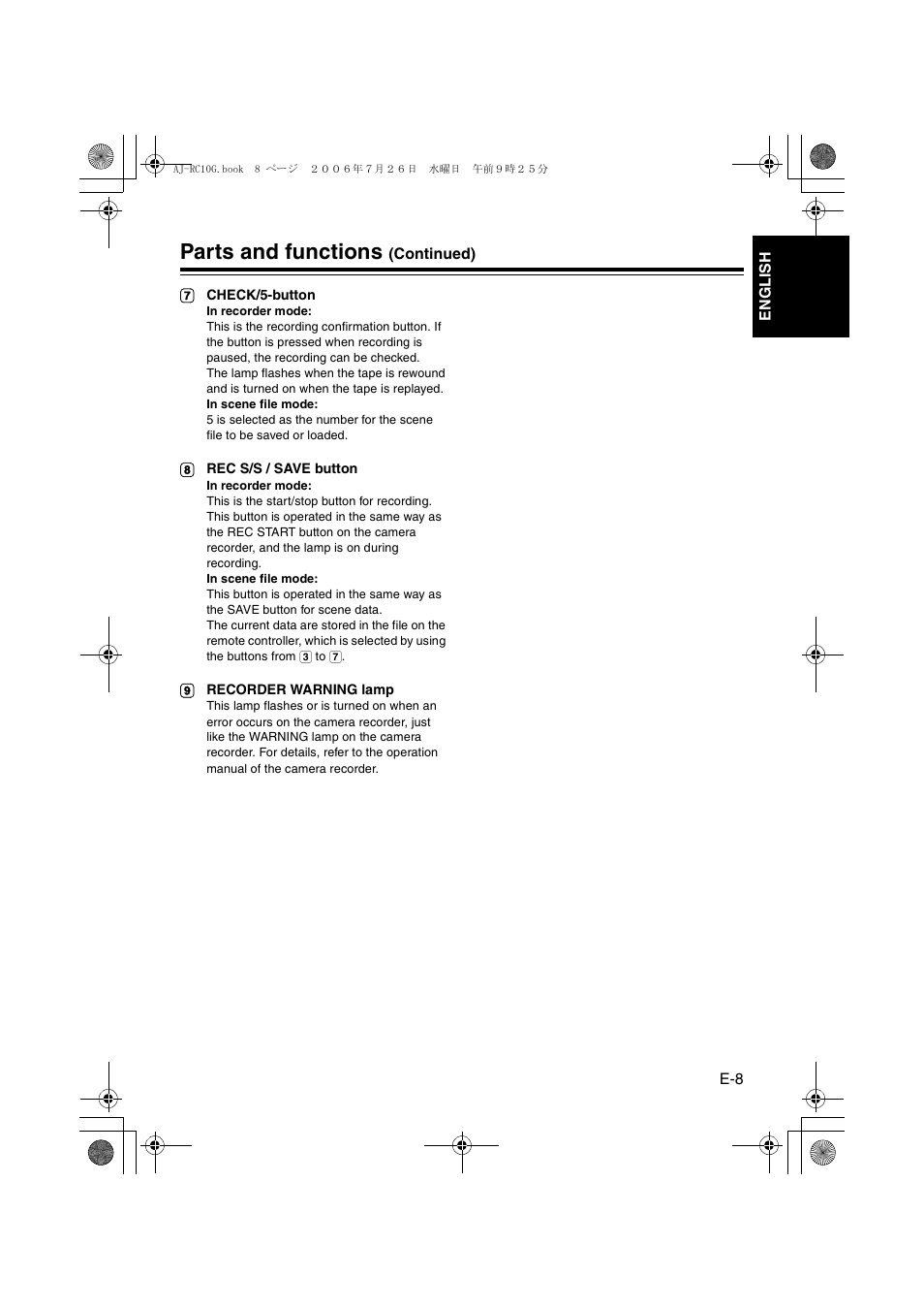 Parts and functions | Panasonic AJ- G User Manual | Page 9 / 36