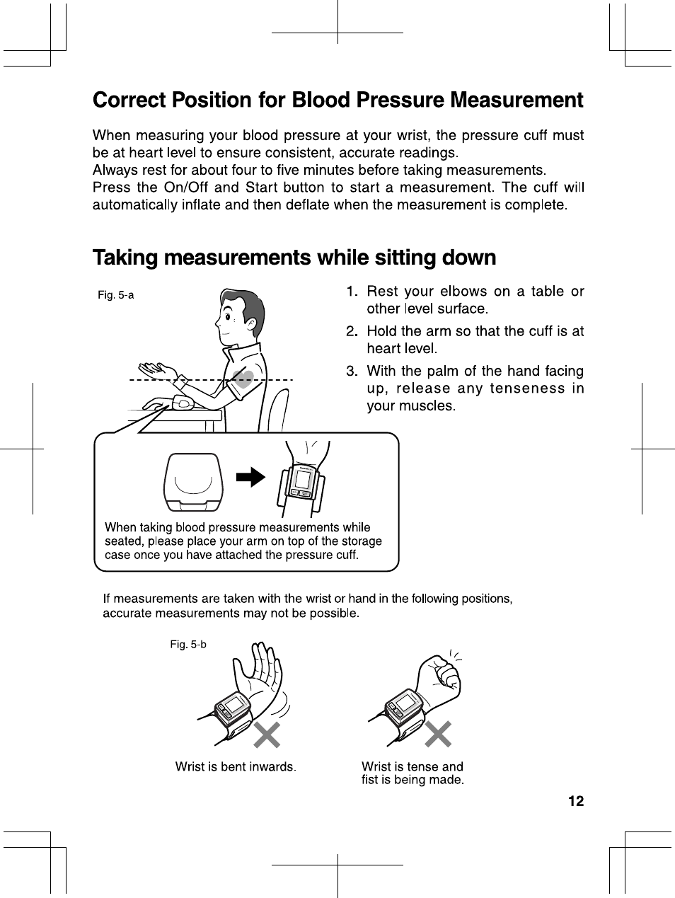 Correct position for biood pressure measurement, Taking measurements whiie sitting down, Correct position for blood pressure measurement | Taking measurements while sitting down | Panasonic EW3006 User Manual | Page 13 / 54