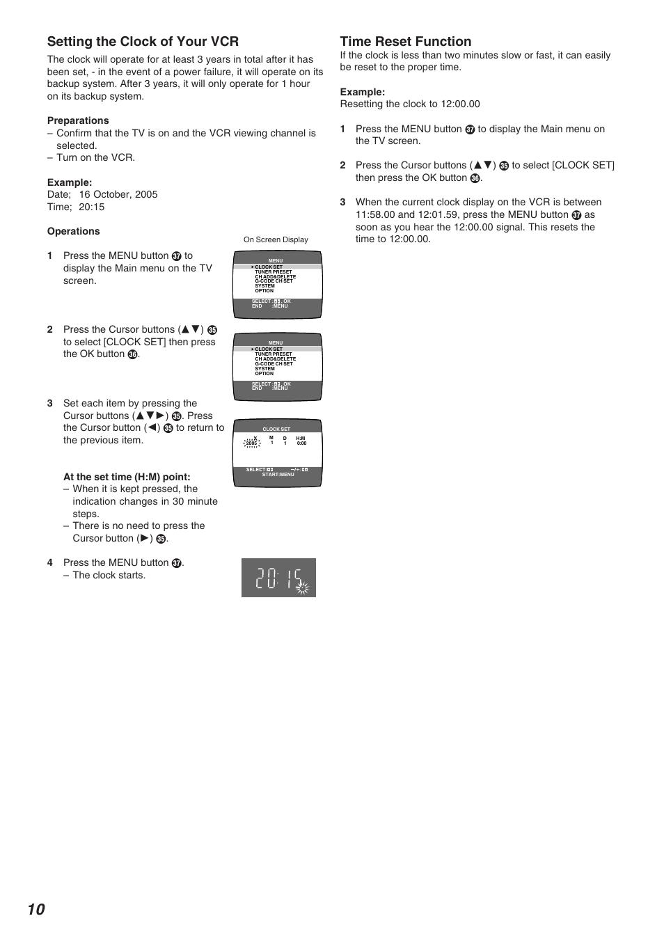 Setting the clock of your vcr, Time reset function | Panasonic NV-FJ620 User Manual | Page 10 / 28