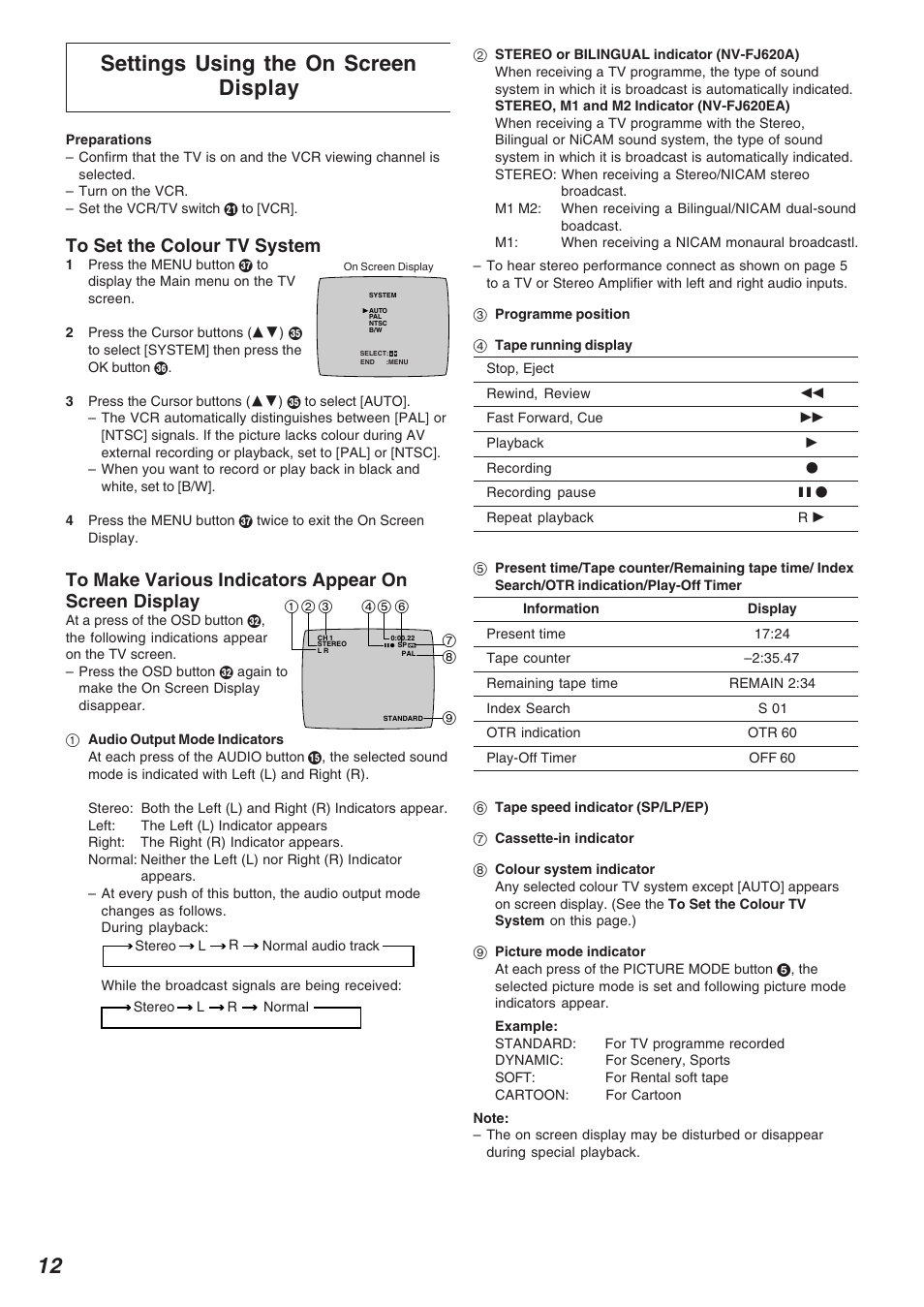 Settings using the on screen display, 12 settings using the on screen display | Panasonic NV-FJ620 User Manual | Page 12 / 28