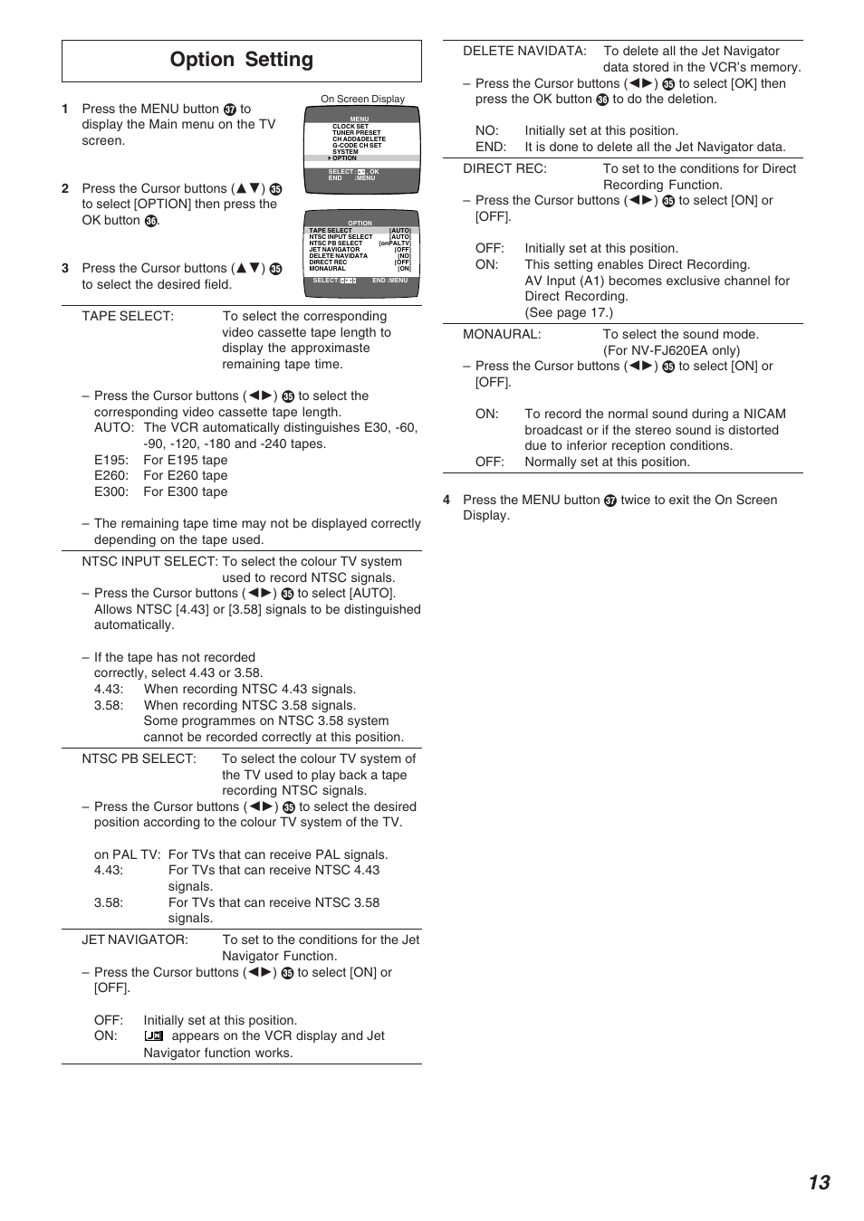 Option setting, 13 option setting | Panasonic NV-FJ620 User Manual | Page 13 / 28