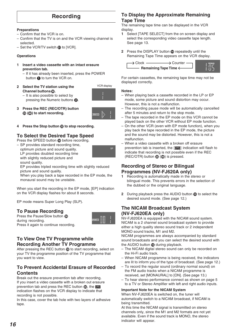 Recording, The nicam broadcast system (nv-fj620ea only) | Panasonic NV-FJ620 User Manual | Page 16 / 28