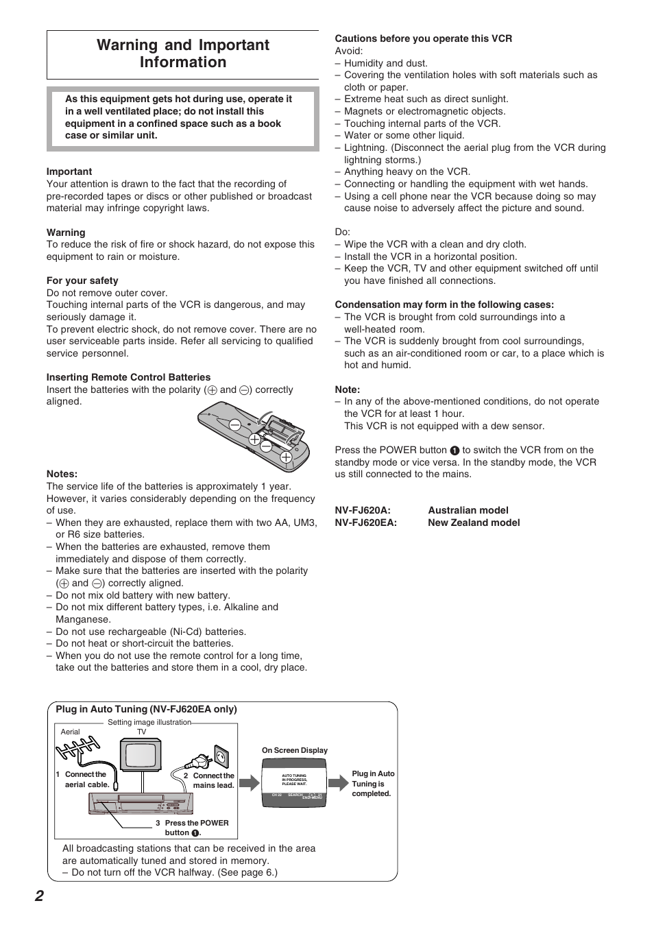 Warning and important information | Panasonic NV-FJ620 User Manual | Page 2 / 28