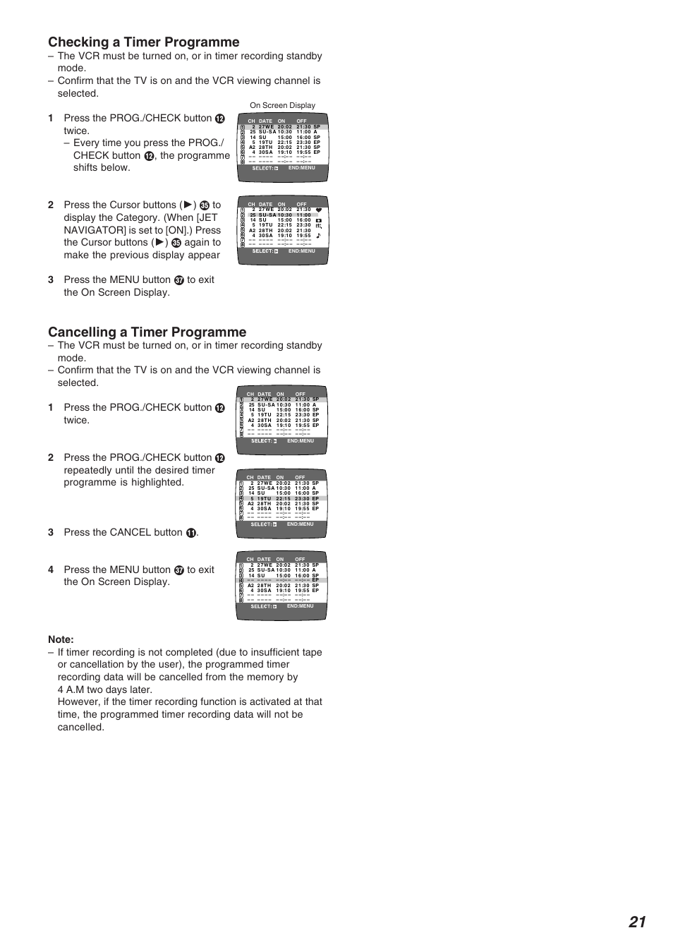 Checking a timer programme, Cancelling a timer programme | Panasonic NV-FJ620 User Manual | Page 21 / 28