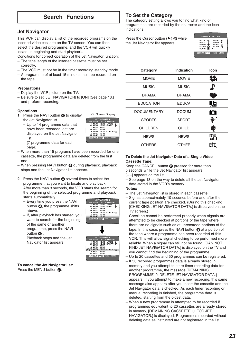 Search functions, 23 search functions, Jet navigator | Panasonic NV-FJ620 User Manual | Page 23 / 28