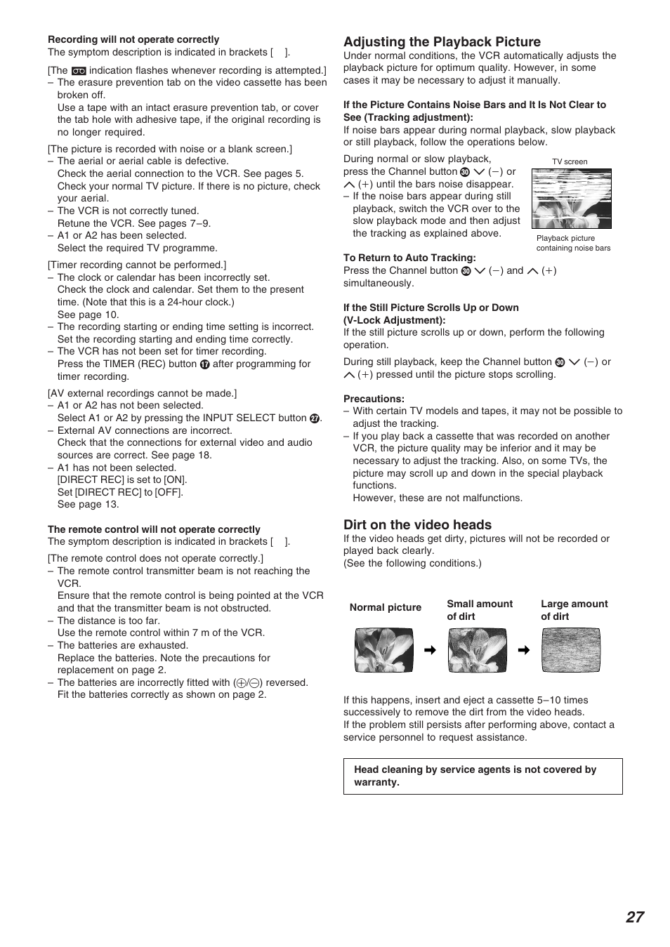 Adjusting the playback picture, Dirt on the video heads | Panasonic NV-FJ620 User Manual | Page 27 / 28