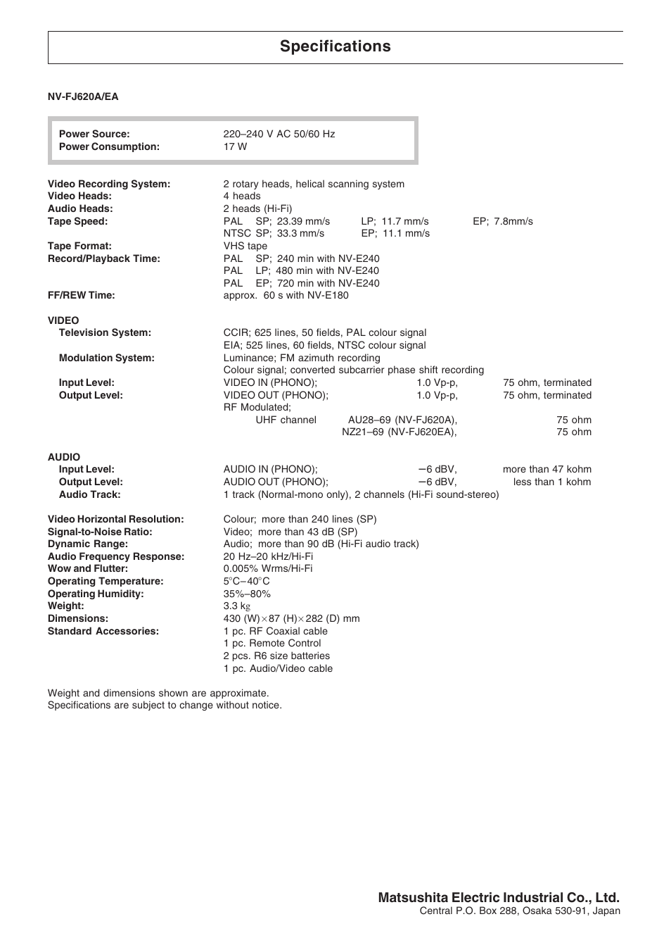 Specifications, Matsushita electric industrial co., ltd | Panasonic NV-FJ620 User Manual | Page 28 / 28