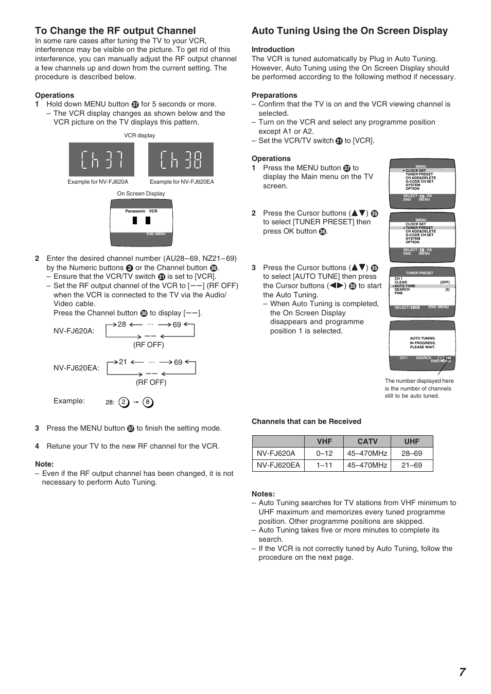 To change the rf output channel, Auto tuning using the on screen display | Panasonic NV-FJ620 User Manual | Page 7 / 28