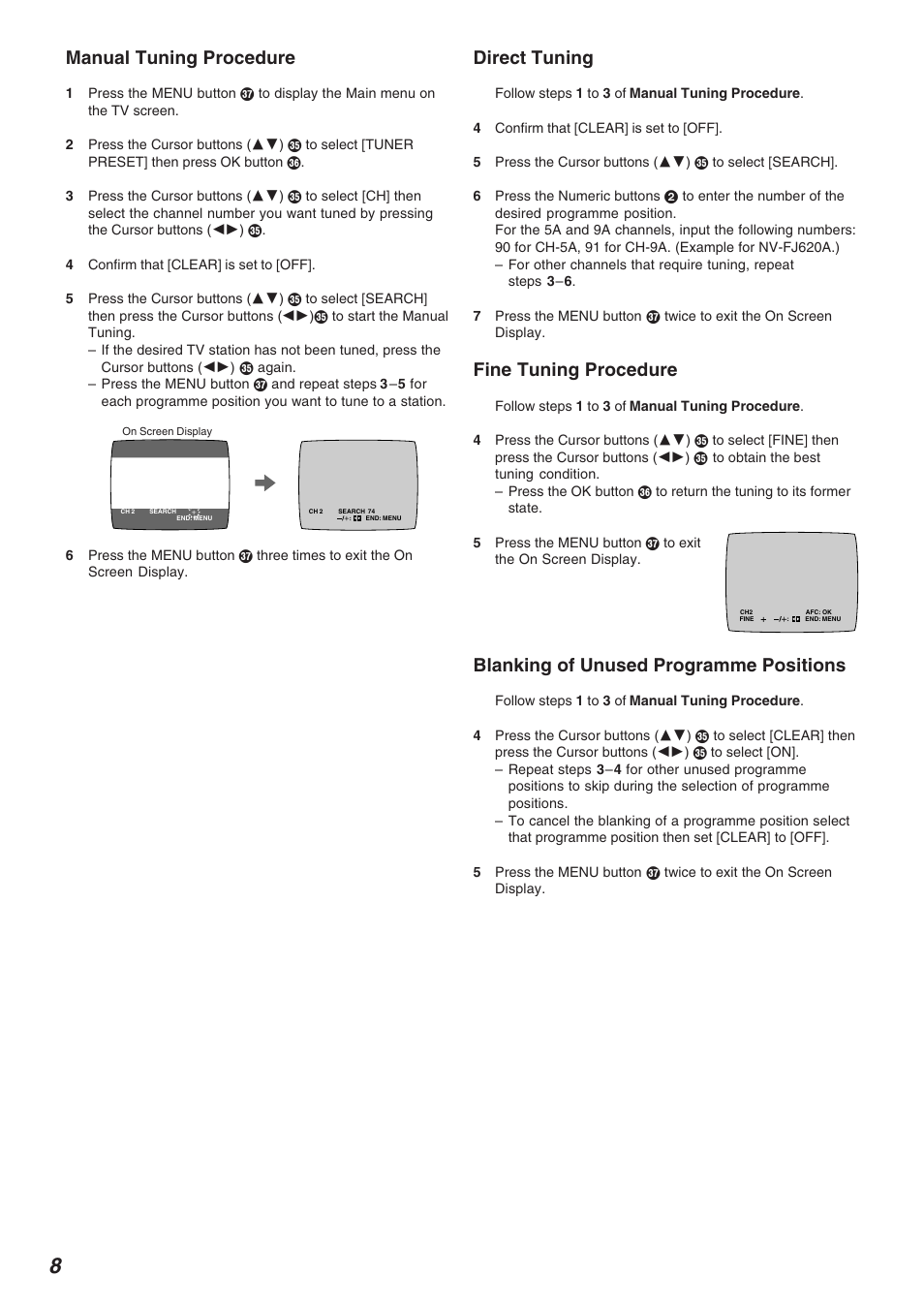 Manual tuning procedure, Direct tuning, Fine tuning procedure | Blanking of unused programme positions | Panasonic NV-FJ620 User Manual | Page 8 / 28