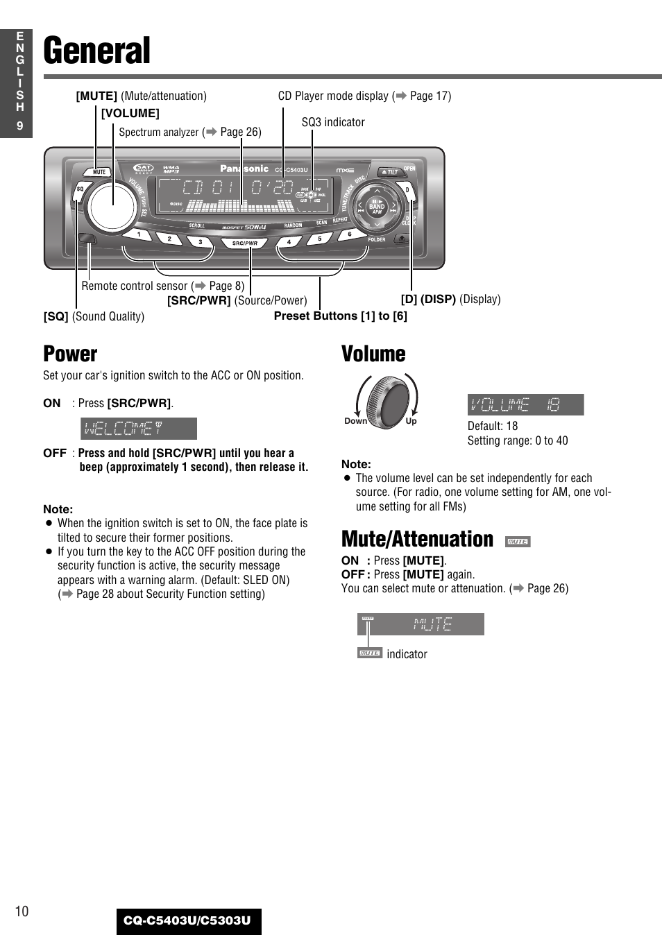 General, Power, Volume | Mute/attenuation | Panasonic CQ-C5403U User Manual | Page 10 / 108