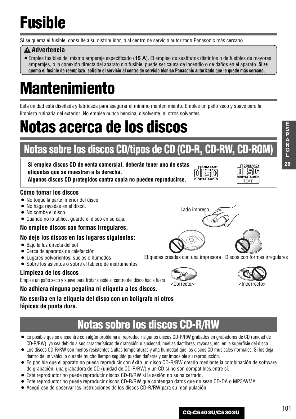 Fusible, Mantenimiento, Notas acerca de los discos | Notas sobre los discos cd-r/rw | Panasonic CQ-C5403U User Manual | Page 101 / 108