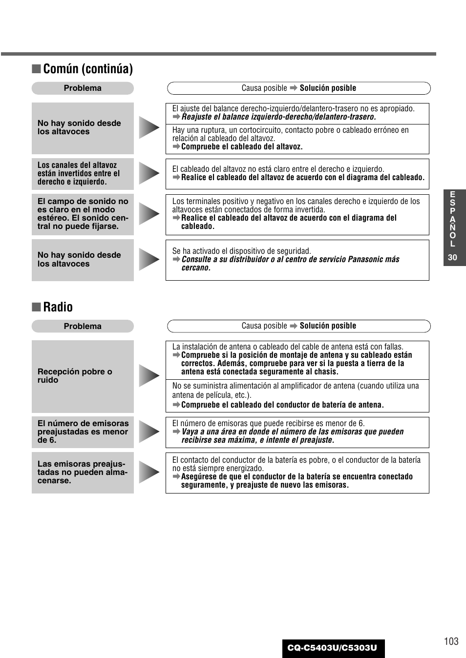 Común (continúa), Radio | Panasonic CQ-C5403U User Manual | Page 103 / 108