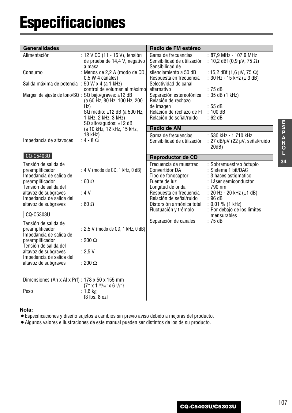 Especificaciones | Panasonic CQ-C5403U User Manual | Page 107 / 108