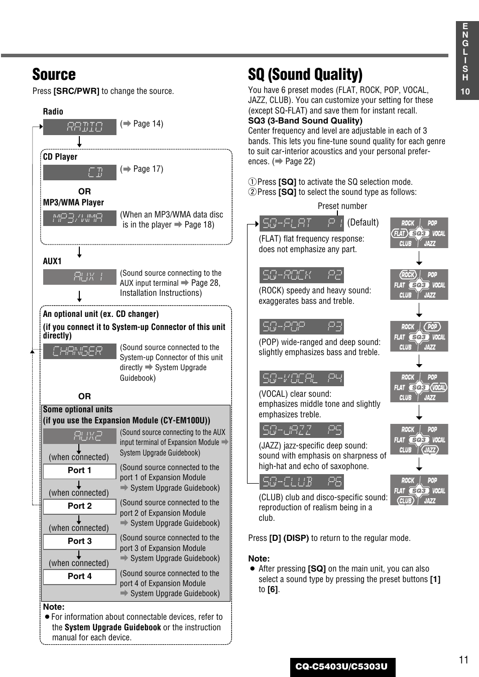 Source, Sq (sound quality) | Panasonic CQ-C5403U User Manual | Page 11 / 108