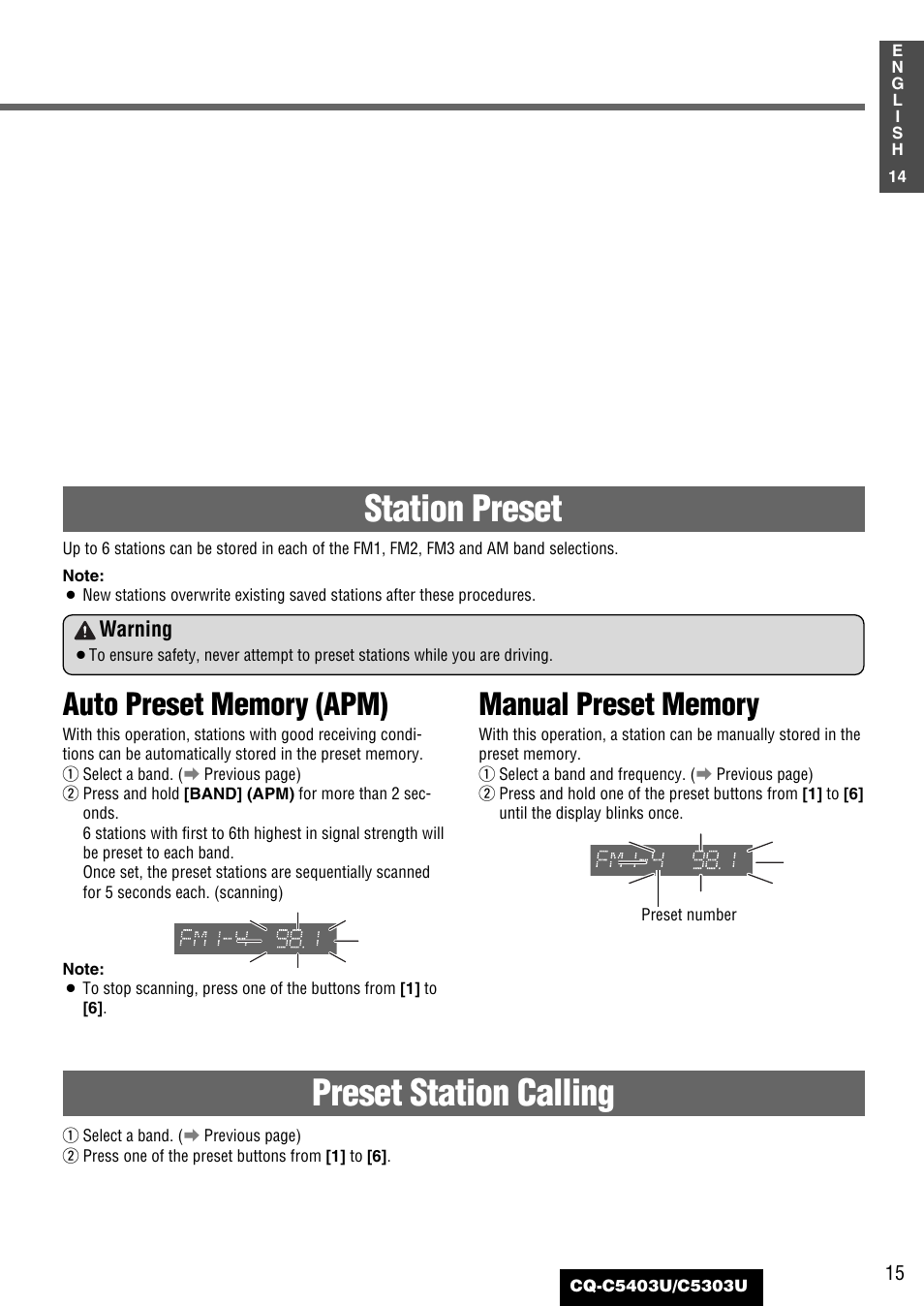 Preset station calling, Station preset | Panasonic CQ-C5403U User Manual | Page 15 / 108