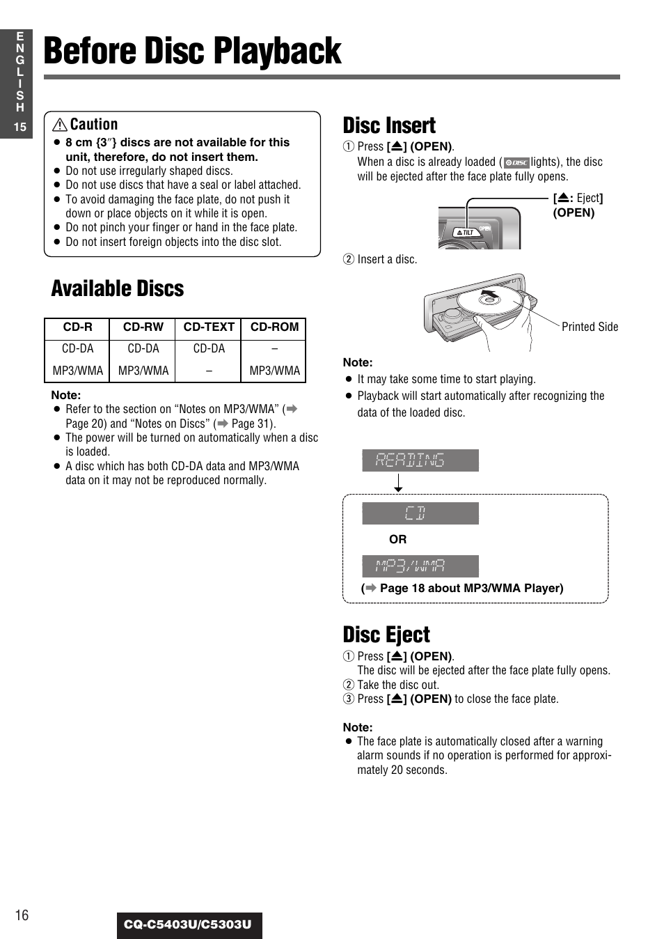 Before disc playback, Available discs, Disc insert | Disc eject, Caution | Panasonic CQ-C5403U User Manual | Page 16 / 108