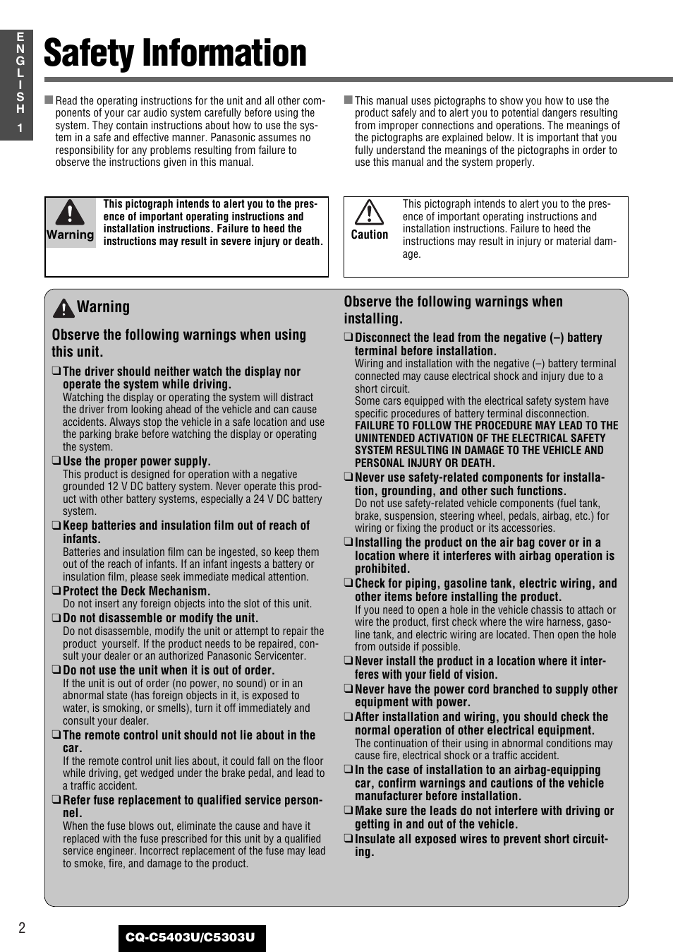 Common, Safety information, Warning | Panasonic CQ-C5403U User Manual | Page 2 / 108