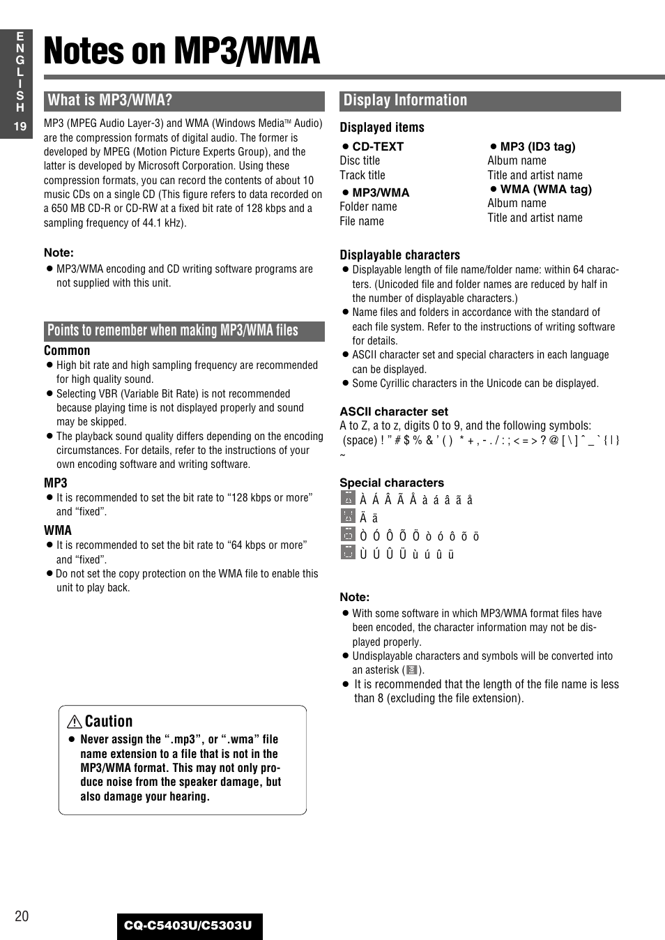 Notes on mp3/wma, What is mp3/wma, Points to remember when making mp3/wma files | Display information, Caution | Panasonic CQ-C5403U User Manual | Page 20 / 108