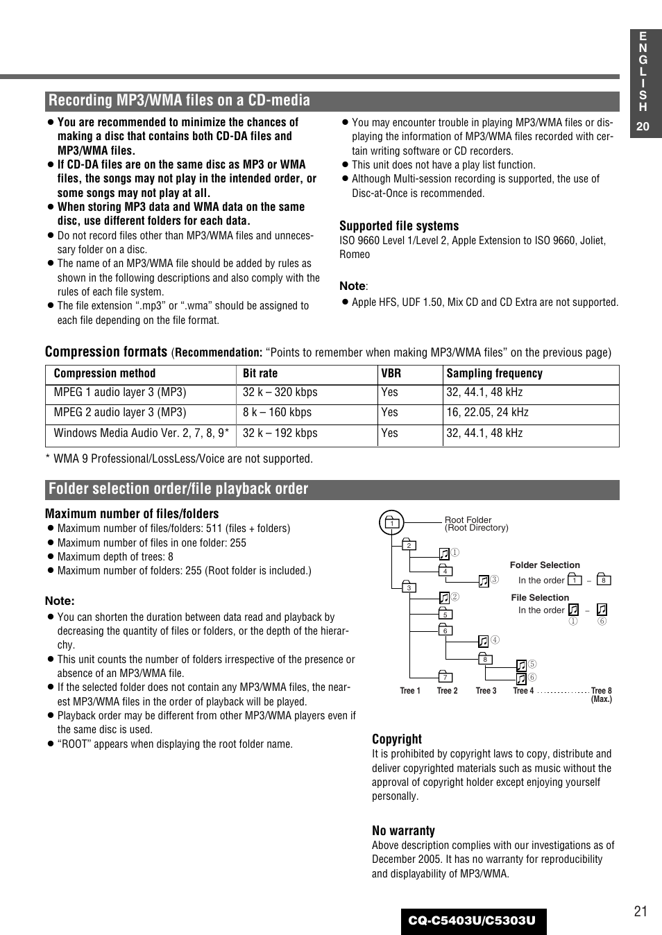 Recording mp3/wma files on a cd-media, Compression formats | Panasonic CQ-C5403U User Manual | Page 21 / 108