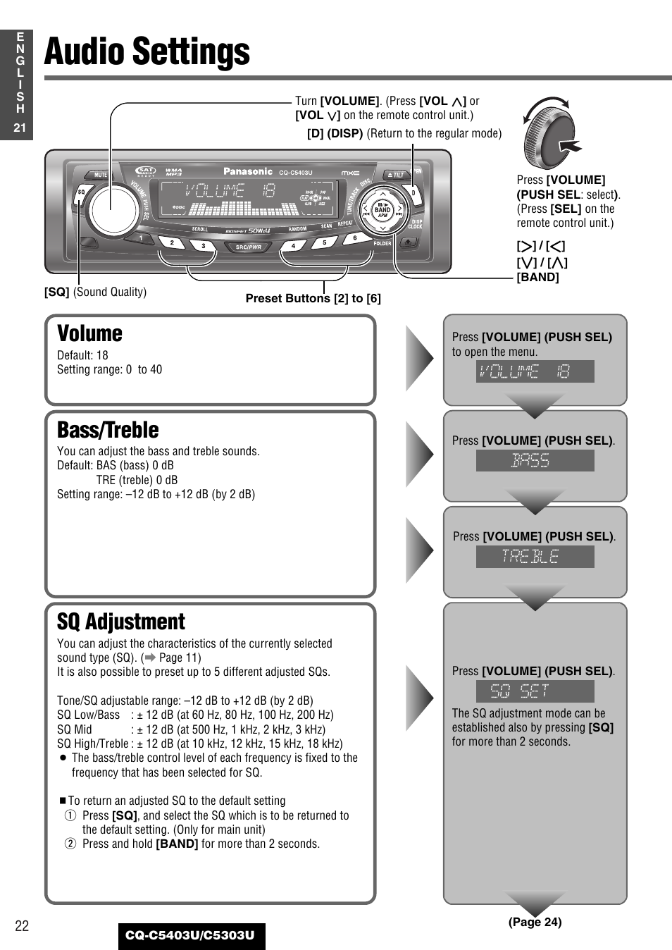 As needed, Audio settings, Sq adjustment | Bass/treble, Volume | Panasonic CQ-C5403U User Manual | Page 22 / 108