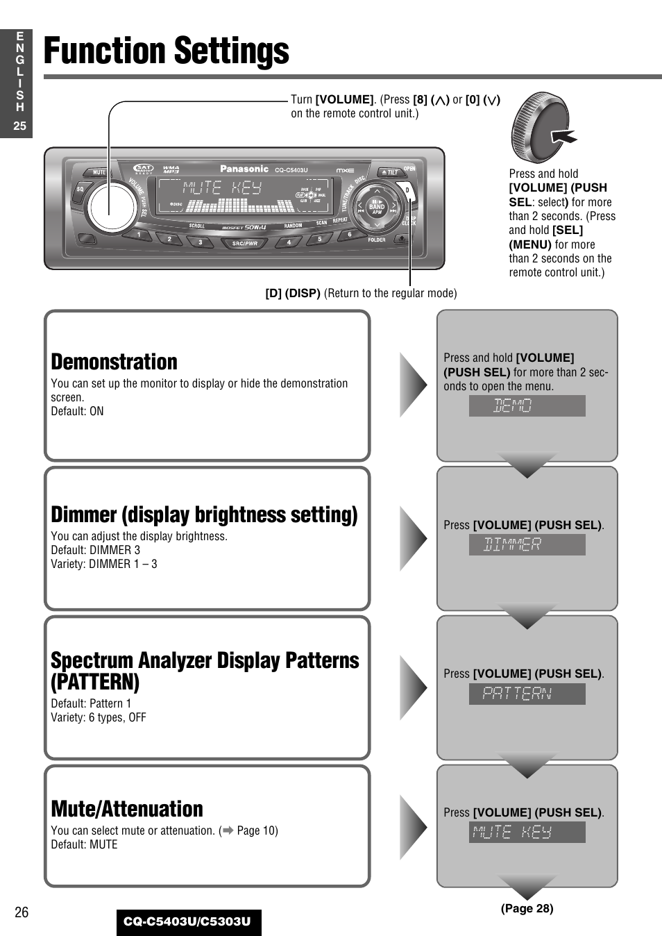 Function settings, Demonstration, Dimmer (display brightness setting) | Spectrum analyzer display patterns (pattern), Mute/attenuation | Panasonic CQ-C5403U User Manual | Page 26 / 108