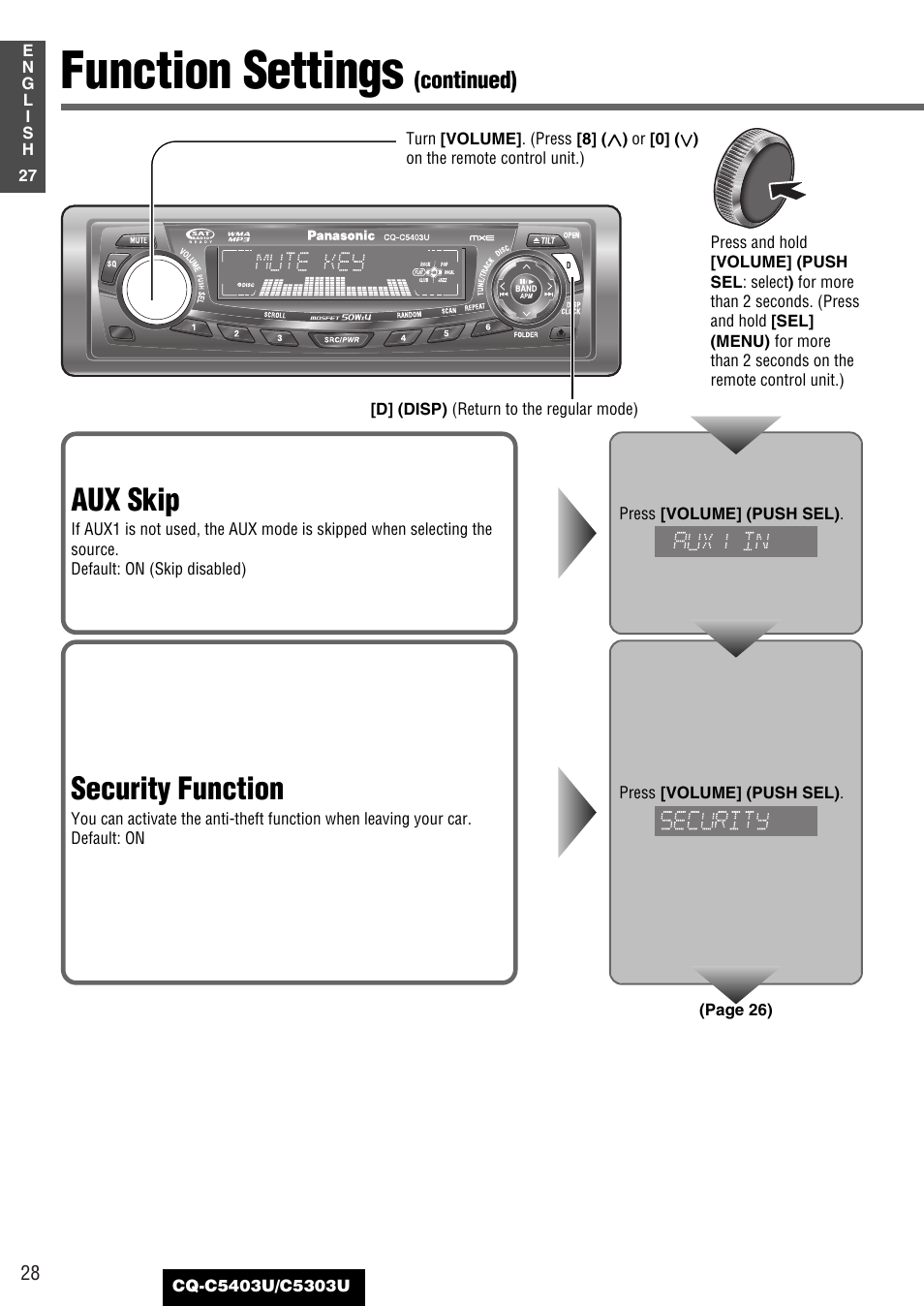 Function settings, Aux skip, Security function | Continued) | Panasonic CQ-C5403U User Manual | Page 28 / 108