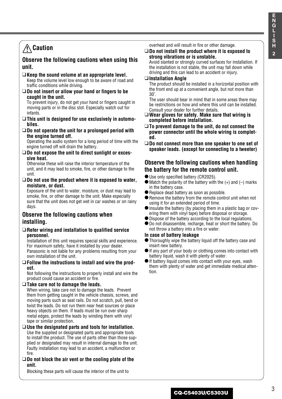 Caution | Panasonic CQ-C5403U User Manual | Page 3 / 108