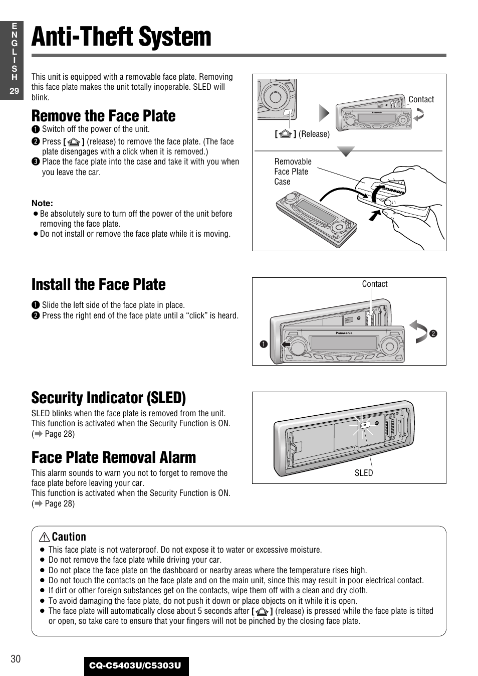 Anti-theft system, Security indicator (sled), Face plate removal alarm | Remove the face plate, Install the face plate | Panasonic CQ-C5403U User Manual | Page 30 / 108