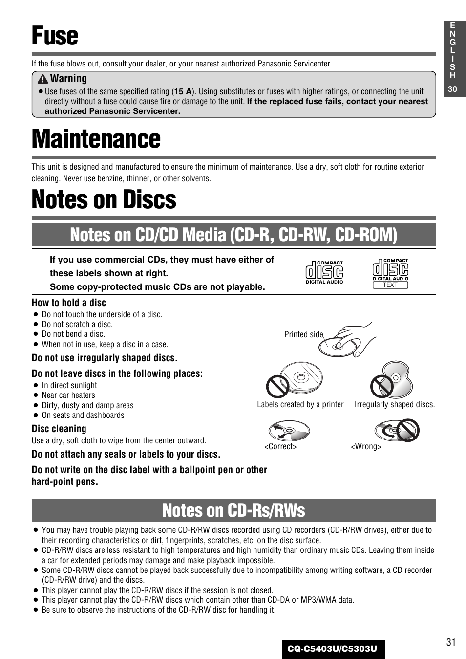 Fuse, Maintenance, Notes on discs | Panasonic CQ-C5403U User Manual | Page 31 / 108