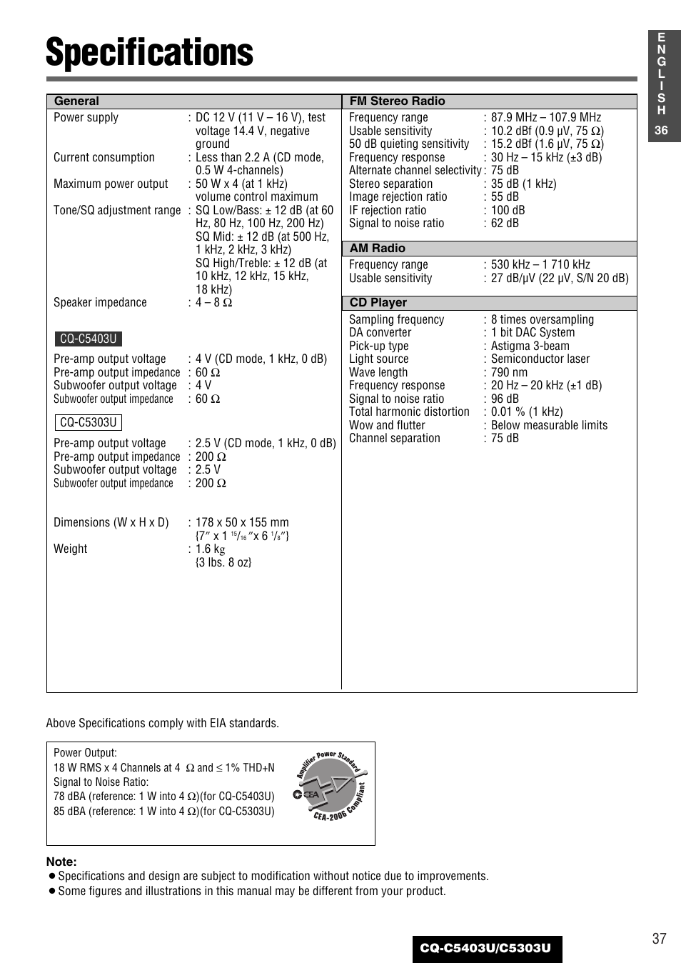 Specifications | Panasonic CQ-C5403U User Manual | Page 37 / 108