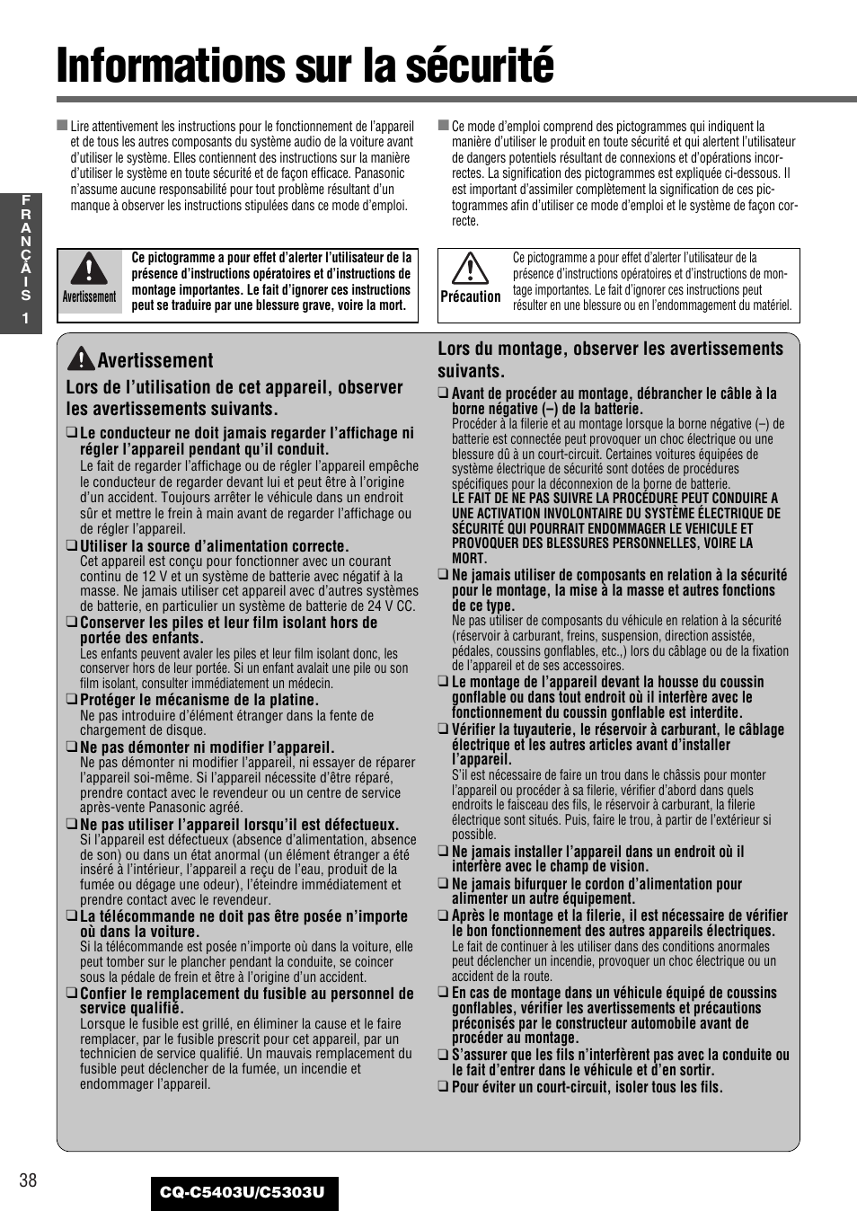 Generalites, Informations sur la securite, Informations sur la sécurité | Avertissement | Panasonic CQ-C5403U User Manual | Page 38 / 108