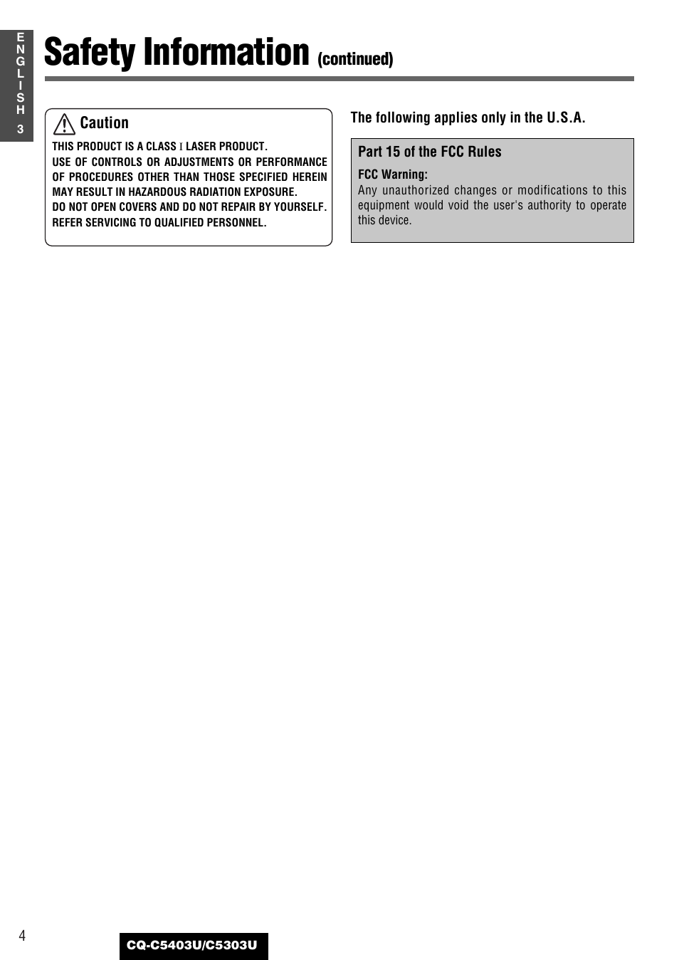 Safety information, Continued) | Panasonic CQ-C5403U User Manual | Page 4 / 108