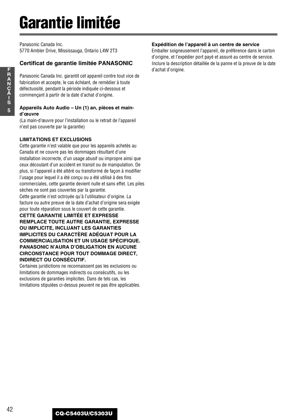 Garantie limitee, Garantie limitée | Panasonic CQ-C5403U User Manual | Page 42 / 108