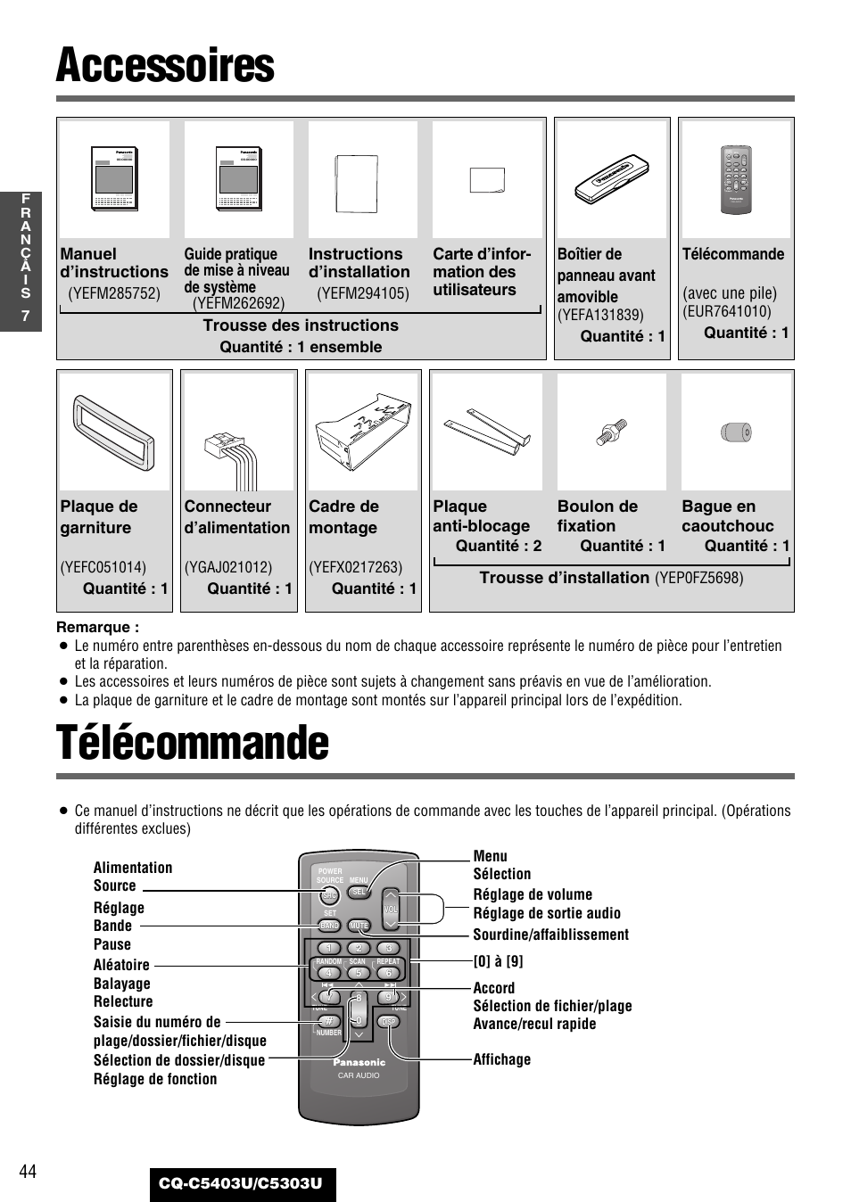 Accessoires, Telecommande, Accessoires télécommande | Instructions d’installation, Plaque anti-blocage, Boulon de fixation, Bague en caoutchouc, Cadre de montage, Guide pratique de mise à niveau de système, Manuel d’instructions | Panasonic CQ-C5403U User Manual | Page 44 / 108